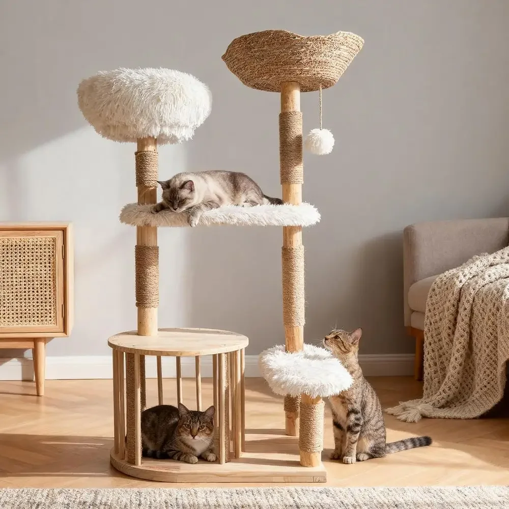 Cat Scratching Post - Natural Wooden Cat Tower with Sisal